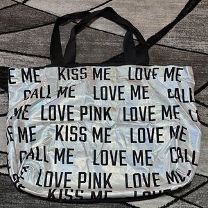 VINTAGE VS PINK "LOVE ME KISS ME" CANVAS SILVER HOLOGRAPHIC TOTE BAG